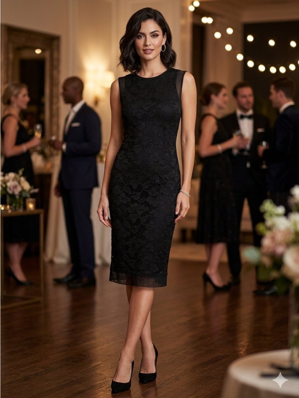 Black Lace Midi Sheath Dress (3/4)